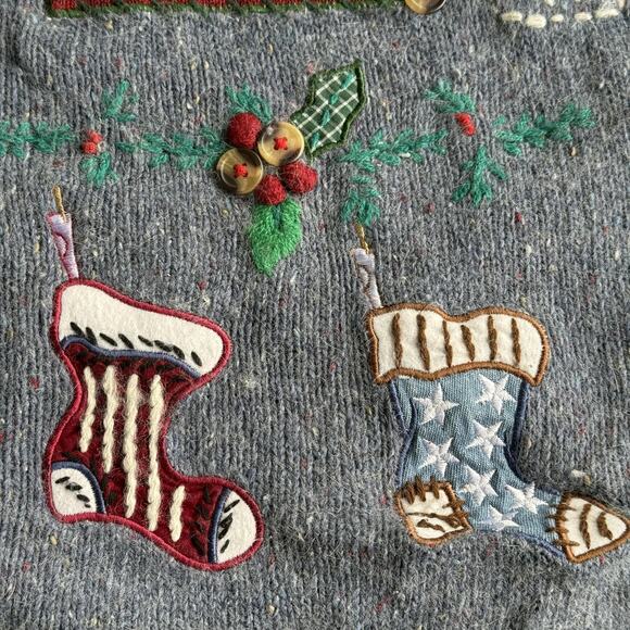 Victoria Jones Sweater Womens XL Blue Zip Cardigan Holiday Christmas Applique - Picture 5 of 10